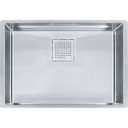 Stainless steel single bowl sink with colander insert and rounded corners, viewed from above.