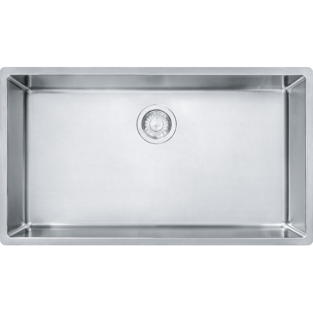 Rectangular stainless steel single bowl sink with drain strainer, viewed from above.