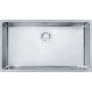 Rectangular stainless steel single bowl sink with drain strainer, viewed from above.