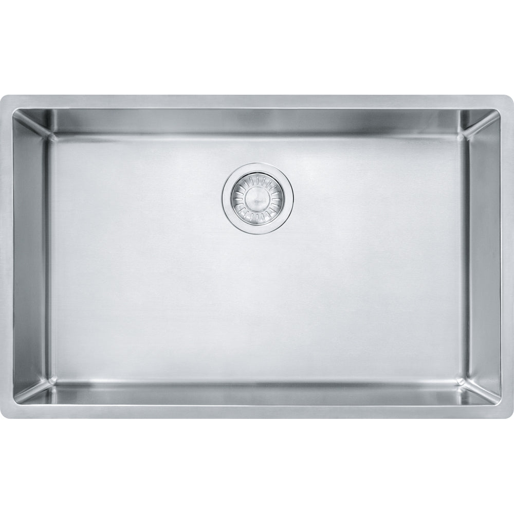 Stainless steel single bowl undermount sink with drain strainer, viewed from above.