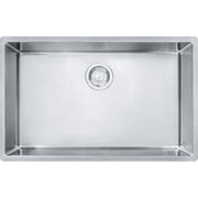 Stainless steel single bowl undermount sink with drain strainer, viewed from above.
