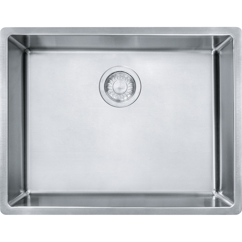 Stainless steel single bowl undermount sink with strainer drain, viewed from above.