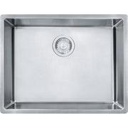 Stainless steel single bowl undermount sink with strainer drain, viewed from above.