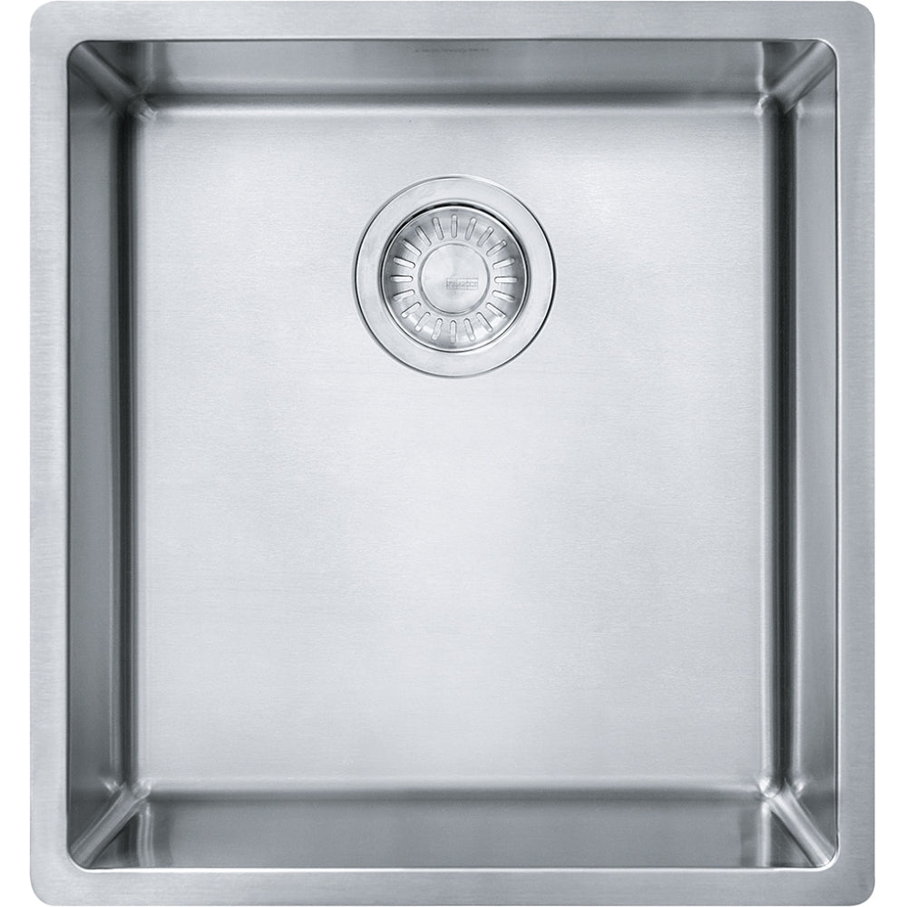 Stainless steel single bowl sink with brushed finish and chrome drain strainer, viewed from above.