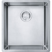 Stainless steel single bowl sink with brushed finish and chrome drain strainer, viewed from above.