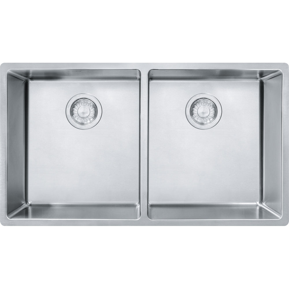Stainless steel double bowl kitchen sink with two equal compartments and drain strainers.