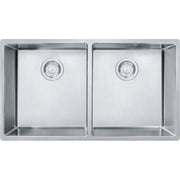 Stainless steel double bowl kitchen sink with two equal compartments and drain strainers.