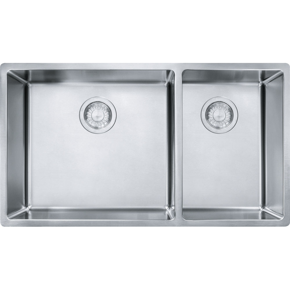 Stainless steel double bowl sink with two equal rectangular basins and drain strainers.