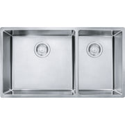Stainless steel double bowl sink with two equal rectangular basins and drain strainers.