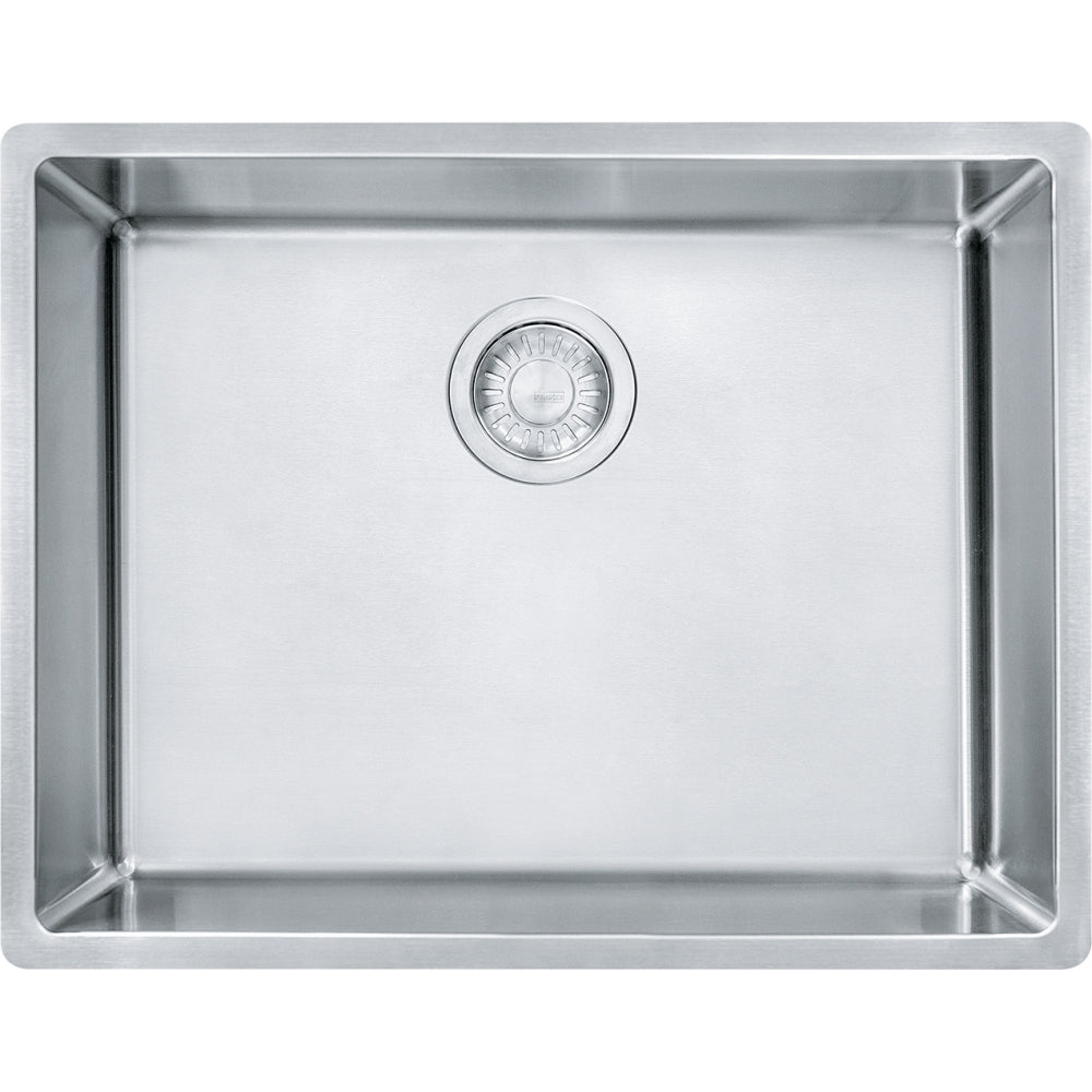 Stainless steel single bowl undermount sink with centered drain strainer, viewed from above.
