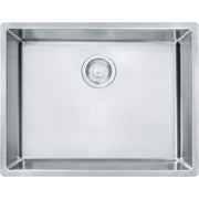 Stainless steel single bowl undermount sink with centered drain strainer, viewed from above.
