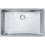 Stainless steel single bowl undermount sink with drain strainer and rounded corners.