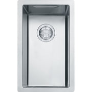 Stainless steel rectangular sink with centered drain basket viewed from above.