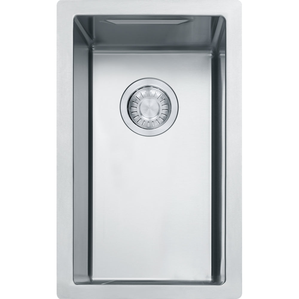 Stainless steel rectangular sink with centered drain basket viewed from above.