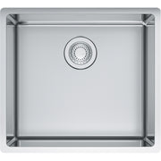 Stainless steel square undermount sink with single bowl and circular drain strainer viewed from above.