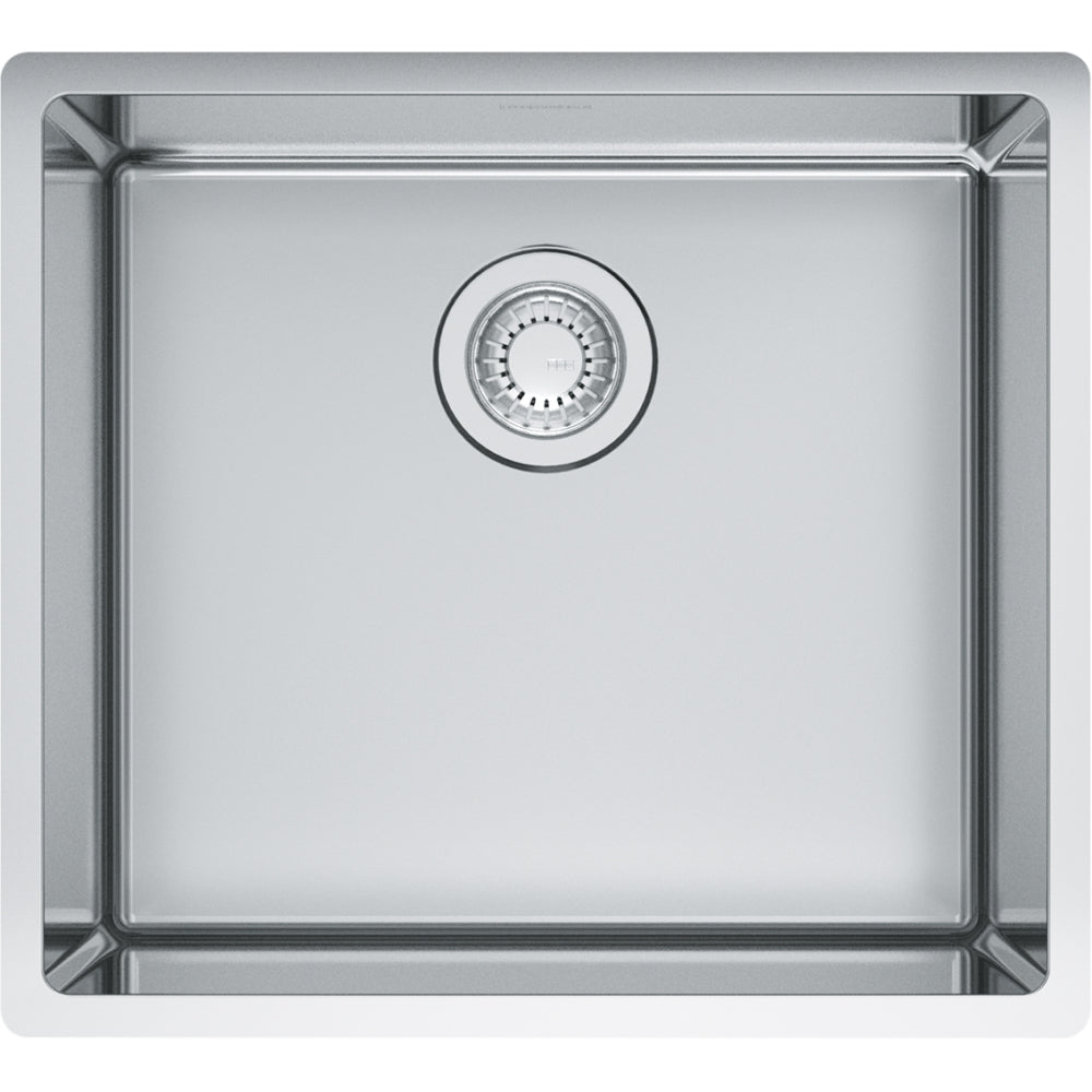 Stainless steel square undermount sink with single bowl and circular drain strainer viewed from above.