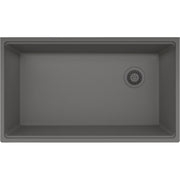 Stone grey granite single bowl undermount sink with drain basket in bottom right corner.