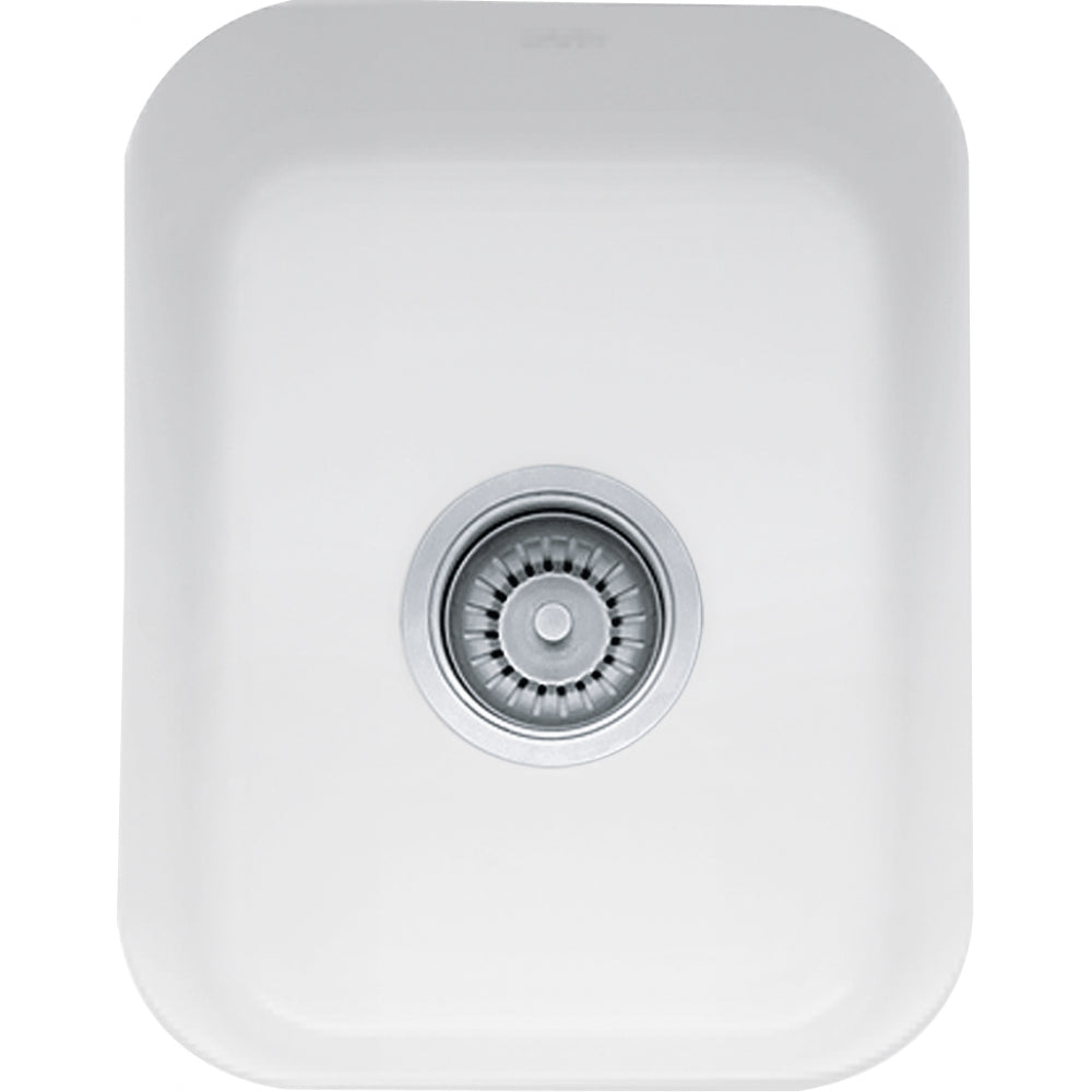 White fireclay undermount sink bowl with rounded corners and stainless steel drain strainer, viewed from above.