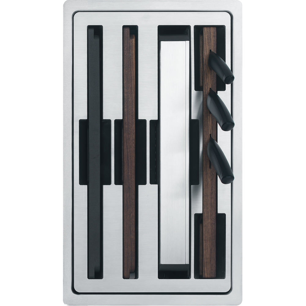 White sink accessory with black and dark wood vertical dividers, white basin insert, and black handles on right side.