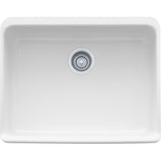 White fireclay single-bowl apron front sink with chrome drain strainer, viewed from above.