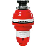 Red Kindred waste disposer with black top collar and mounting hardware, white band label with model information.