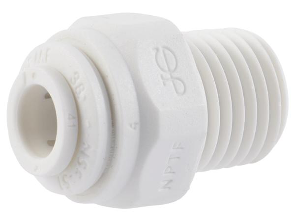 White polypropylene push-to-connect male connector with threaded port and smooth inlet.