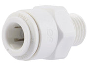 White polypropylene tube connector with push-fit inlet on left and threaded male outlet on right.