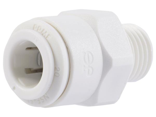White polypropylene tube connector with push-fit inlet on left and threaded male outlet on right.