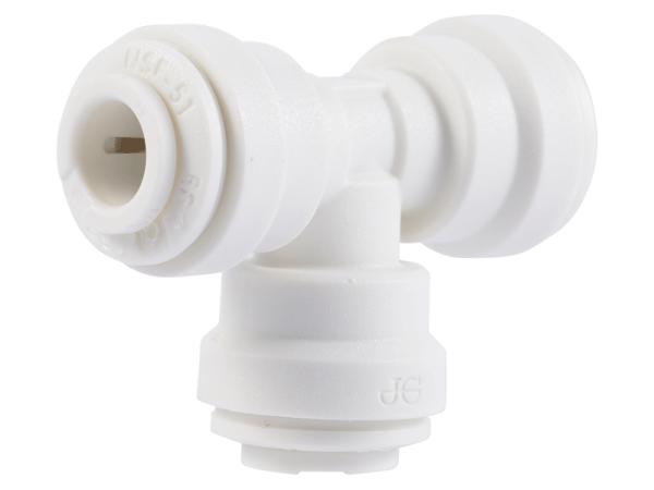 White polypropylene tee connector with three equal 3/8" outer diameter ports and threaded compression fittings.
