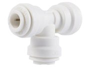 White polypropylene tee-shaped plumbing connector with three 1/4 inch ports and push-fit connections.