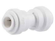 White polypropylene push-fit union connector with 1/4" ports on both ends.