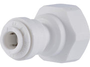 White polypropylene female adapter with 3/8 in. OD tubing connection on left and 1/4 in. NPTF threaded port on right.