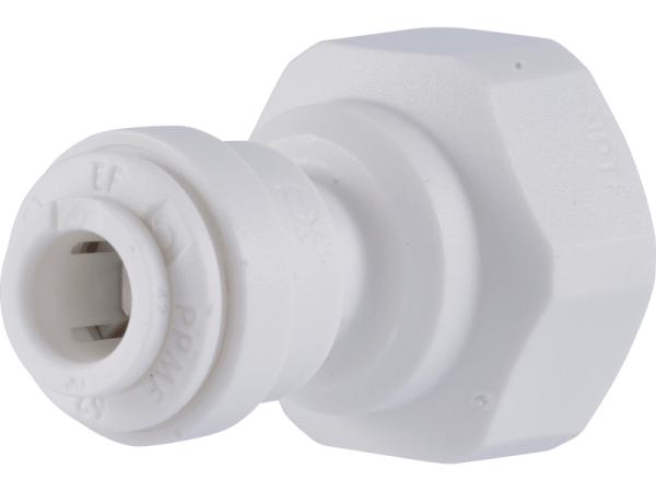 White polypropylene female adapter with 3/8 in. OD tubing connection on left and 1/4 in. NPTF threaded port on right.