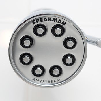 Polished chrome circular shower head with eight spray holes arranged in a circle and adjustable control ring.