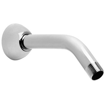 Polished chrome shower arm with circular mounting flange and threaded connection end.