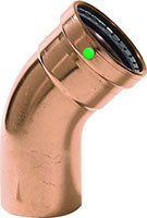 Copper 45-degree street elbow fitting with press connections and green indicator band.
