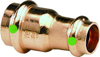 Copper press reducer fitting with two different sized ends and green connection bands.
