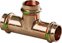 Copper press tee fitting with three ports and green sealing rings for plumbing connections.