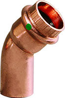Copper 45-degree elbow fitting with two press connection ends and green indicator band.