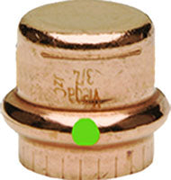 Copper press end cap with threaded connection and green indicator dot.