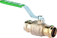 Bronze ball valve with metal handle and Viega ProPress connectors, angled view.