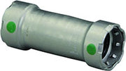 Viega MegaPress 1-1/4" press coupling in zinc-nickel coated carbon steel with green indicators.