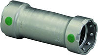 Viega MegaPress 1-1/4" press coupling in zinc-nickel coated carbon steel with green indicators.