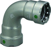 Carbon steel 90-degree elbow fitting with zinc-nickel coating and green press connection points.
