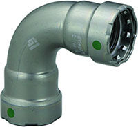 Carbon steel 90-degree elbow fitting with zinc-nickel coating and green press connection points.