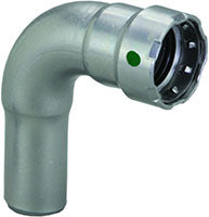 Chrome-finished 90-degree street elbow fitting with green indicator dot and black press coupling ring.