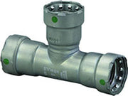 Carbon steel press tee fitting with zinc-nickel coating and green indicator buttons on three connection points.