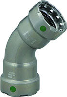 Gray carbon steel 45-degree elbow fitting with green indicator dots and black press ring.