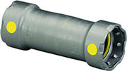 Viega MegaPressG 1-1/2" press coupling in carbon steel with zinc-nickel coating and yellow alignment marks.