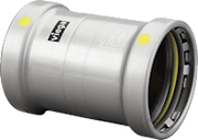 Viega MegaPressG 4" press coupling in stainless steel with zinc-nickel coating and yellow indicator bands.